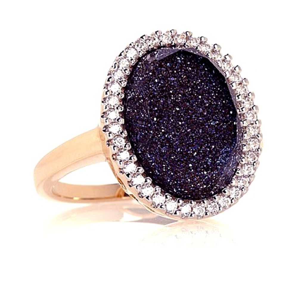 Large Midnight Blue Druzy Doublet & CZ Ring 6